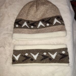 Brown and Cream Knit Beanie and Headband Set